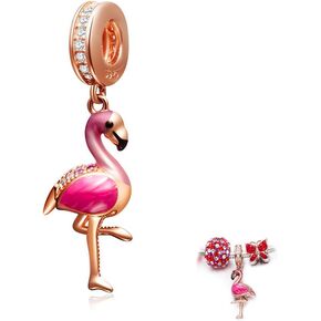 Sterling Silver Pink Flamingo Charm Rose Gold Charm Pendant fit Women Pandora Style Bracelets