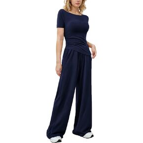 Women's 2 Piece Lounge Sets Asymmetrical Short Sleeve Wide Leg Pants Casual Outfits Tracksuit Streetwear