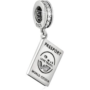 Travel Passport Charms Dangle, 925 Sterling Silver Around The World Pendant Printed 'World Citizen' CZ Beads, fit Pandora Christmas Bracelet, Gifts for Lover/Friends/Couple