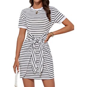GRACE KARIN Striped Shirt Dresses for Women Front Tie Crewneck Wrap Dress Short Sleeve T-Shirt Casual Mini Bodycon Dress
