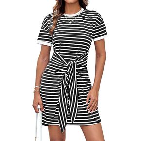 GRACE KARIN Striped Shirt Dresses for Women Front Tie Crewneck Wrap Dress Short Sleeve T-Shirt Casual Mini Bodycon Dress