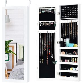MAT EXPERT Wall/Door Mounted Jewelry Armoire, Bedroom Large Jewelry Cabinet w/Full-Length Mirror, Mirrored Jewelry Display Organizer w/16 Hooks & 60 Ring Slots, Dressing Jewelry Organizer w/5 Shelves