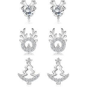 sailimue 3 Pairs 925 Sterling Silver Christmas Stud Earring Set for Women Hypoallergenic Elk Snowflake Earring Santa Claus Hat Christmas Tree Earring Thanksgiving Christmas Jewelry Gift