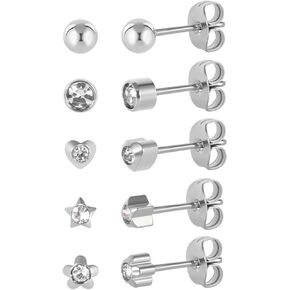 5 Pairs G23 Titanium Stud Earrings for Sensitive Ears, Heart Star Flower Round Ball Cubic Zirconia Stud Earrings Set for Women