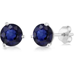 Gem Stone King 18K White Gold Blue Sapphire 3-Prong Stud Earrings For Women Men (1.00 Cttw, Gemstone September Birthstone, Round 5MM)