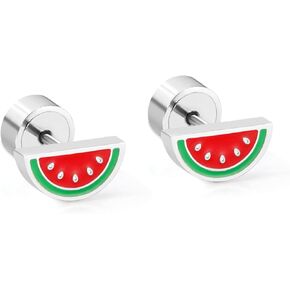 Cute Tiny Watermelon Fruit Stud Earrings for Women Stainless Steel Hypoallergenic Small Barbell Push Back Cartilage Tragus Post Piercing Ear Studs Fashion Jewelry Gift for Birthday Christmas