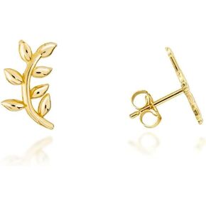 Yellow Gold Stem Leaf Stud Earrings