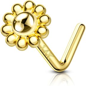 COCHARM 14K Yellow Gold Nose Stud 20g 14K Real Gold Nose Ring Stud 14K Cute L Bend Nose Jewelry for Women Men Sunflower Nose Piercing 14kt Solid Gold Nose Stud 7mm Long Post