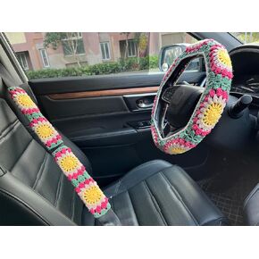 Crochet Sunflower Car Steering Wheel Covers Orange Universal 14-15 inch for Women/Men (Steering Wheel Cover)