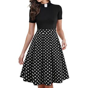 Church Clergy Dress for Women Short Sleeve Polka Dot A Line Elegant Dress with Tab Collar