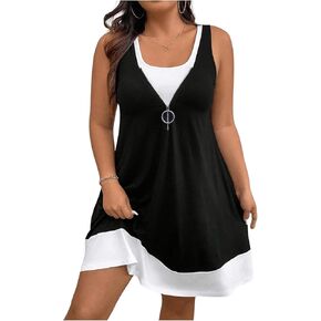 SOLY HUX Women's Plus Size Color Block Tank Dress Sleeveless Zipper Flowy Vacation Short Dresses
