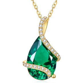 14K Solid Gold Teardrop Birthstone Necklace for Women, Real Gold 4CT Pear Shaped Green Gemstone and Moissanite Pendant Necklaces Mother's Day Birthday Christmas Gifts for Her Mom Nana, 16"+2"