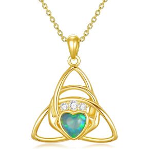 14kt Real Gold Celtic Knot Necklace with Green Opal,14K Yellow Gold Claddagh Pendant Necklace for Women,Irish Fine Jewelry Birthday Christmas Gift for Wife Mother,16+2 Inch