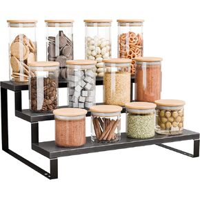 3 Tier Display Riser Stand,Tiered Perfume and Cologne Organizer Stand,wood retail display shelves,Tiered Countertop Display Shelf for Makeup, Figure, Bottles, Jars,Cupackes,Metal Frame(Black)
