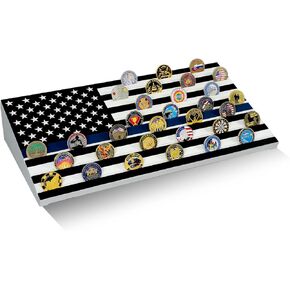 ASmilelndeep Challenge Coin Display Case Holder Holds 40 Coins, 6 Rows Solid Wood Military Coin Holder Display Rack with American Flag for Desk Display, Black Olive Finish