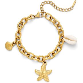 Gold Charm Bracelet for Women Boho Scallop Shell Bracelet Adjustable Starfish Bracelet Summer Beach Ocean Statement Bracelet