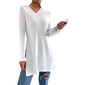 تيشيرتات نسائية بفتحة جانبية من Remidoo بأكمام طويلة ورقبة على شكل حرف V وتونيك أساسي in Kuwait