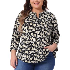 Agnes Orinda Plus Size Tops for Women 3/4 Sleeve Zip Up Floral Print V Neck Casual Pullover Blouses Tops