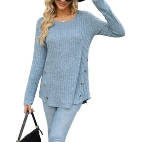 SVALIY Womens Long Sleeve Tops Tunic Fall Shirts Women Sweaters Crew Neck Button