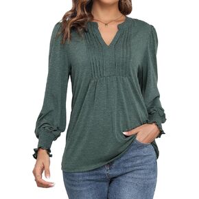 LOUSGUTA V Neck Long Sleeve Tunic Tops For Women Loose Fit Puff Smocked Lantern Sleeve Peplum Tops Dressy Casual