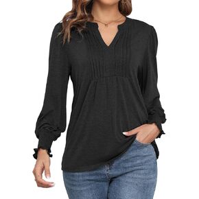 سترة علوية بأكمام طويلة ورقبة على شكل حرف V من LOUSGUTA للنساء فضفاضة تناسب نفخة وأكمام واسعة بيبلوم ملابس غير رسمية in Kuwait