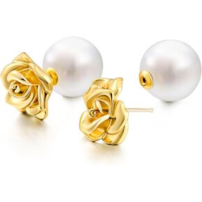 Cicy Bell Shell Pearl Ear Jackets Earrings for Women 18k Gold Plated Rose Stud Earrings Double Side Front Back Earrings Jewelry Gifts