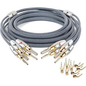 HiFi Speaker Cable 14 AWG Audiophile High Purity Copper Speaker Cable with Cotton Net Braided, Comes with Gold Plated Banana Plugs and Spade Connectors (8.20ft/2.5m)