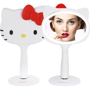 Impressions Vanity Hello Kitty LED Handheld Makeup Mirror with Magnetic Ball Standing Base, Velvety Soft Touch Finish, Ultra Bright Adjustable Brightness, Portable Lighted Mirrors for Travel and Home