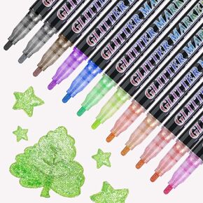 Glitter Marker Pens,12 Colors Self-Shimmer Metallic Markers,Glitter Paint Pens DIY Crafts Greeting Birthday Cards, Making Poster,Album,Scrapbooking,Wood，Mugs