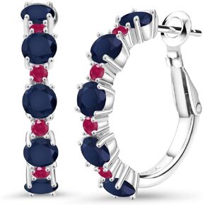 Gem Stone King 925 Sterling Silver Blue Sapphire and Red Ruby Hoop Earrings For Women (6.14 Cttw, Round 4MM and 1.9MM, Gemstone Birthstone 1 Inch Diameter)