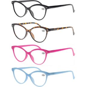 MODFANS 4 Pack Fashion Designer Cat Eye Reading Glasses for Womens with Spring Hinge Stylish Comfortable Readers