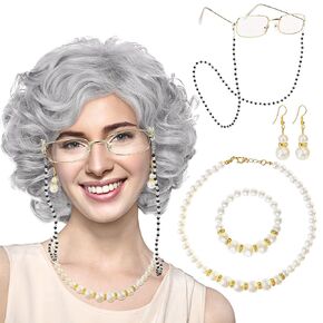 Old Lady Wig Costume Set, Old Lady Costume Accessories with Grandma Wig Granny Glasses Pearl Necklace Bracelet Earrings for Girls Women for 100th Day of School Halloween Cosplay Party