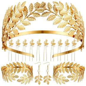 WILLBOND 15 Pieces Greek Goddess Costume Accessories Women Toga Golden Leaves Bridal Crown Headband Bracelet Pearl Earrings and Hair Pins (Fresh Style)