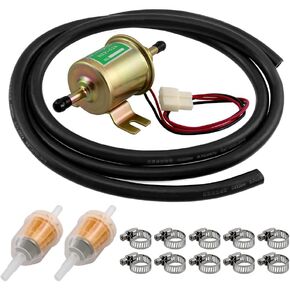 12V Universal Electric Fuel Pump Kit,Low Pressure Transfer Inline with 10pcs Hose Clamps 6.56 FT 5/16" ID Fuel Line 2pcs Fuel Filters for Lawn Mower Carburetor Gas Diesel Engine 3-6 PSI HEP-02A Gold