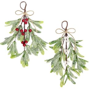 Christmas Mistletoe Decorations Set of 2 Frosted Artificial Mistletoe Red White Berries Stems Hanging Kissing Plant Sprigs Christmas Tree Picks for Xmas Tree Gift Wrapping Accessories Ornaments (Mix)