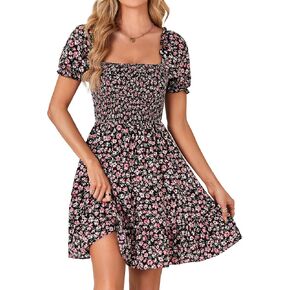 Rooscier Women's Summer Boho Floral Print Square Neck Smocked Ruffle Swing Beach Mini Dress