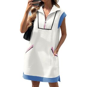 Fisoew Women's Summer Sleeveless Mini Dress Casual Half Zip Cap Sleeve Contrast Loose Sweatshirt Dresses