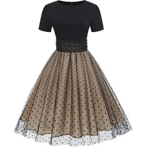 Women Short Sleeve Polka Dot Tulle Prom Dress Ruched Wedding Homecoming Dresses Patchwork Vintage Cocktail Party Swing Dress
