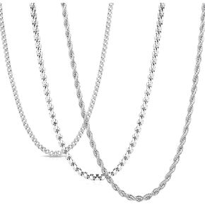 3Pcs Chain Necklace for Men Women Stainless Steel Cuban Link Rolo Rope Chain Necklace 18-30 Inches Silver Chain for Men 2-4MM Wide