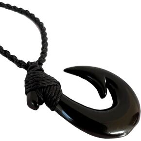 Hand Carved Genuine Black Jade Nephrite Hawaii Fish Hook Necklace Adjustable Black Hemp Cord Pendant