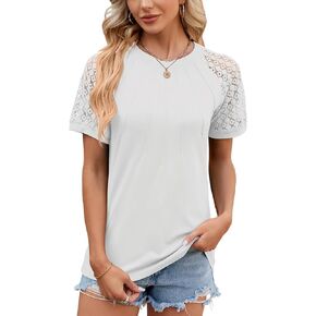 Blostirno Womens Summer Tops Pleated Crewneck Patchwork Lace Short Sleeve Tee Shirts Dressy Casual Blouses