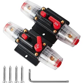 NuIth 30 AMP Audio Inline Circuit Breaker 12V-24V DC, 4-12AWG Reset Fuse Holder 30A with Manual Reset for Car Audio Sound Amplifier System RV Home Marine Boat Truck and Solar Inverter System, 2PCS