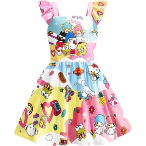 Girls Cute Dress Cartoon Square Neck Casual Daily School Wear Kids Party Clothes 5-12Years