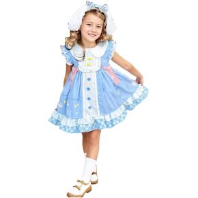 Girls Cute Anime Cartoon Print Cosplay Sky Blue Sweet Dress Ruffles Sleeve Casual Dress Headband