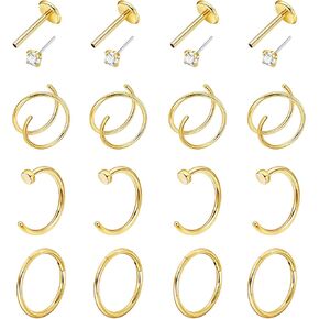 16 قطعة 20 جرام 316L حلقات الأنف من الفولاذ المقاوم للصدأ للنساء والرجال حلقة الأنف المزدوجة تشيكوسلوفاكيا دفع في الأنف مسمار الفرس يتوقف الأنف هوب ثقب المجوهرات in Kuwait