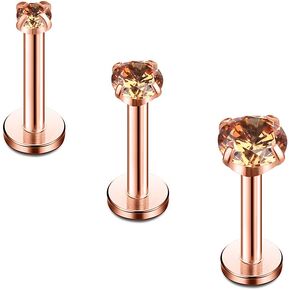 Ruifan Rose Gold Plated Stainless Steel 2mm 3mm 4mm Champagne CZ Gem Internally Threaded Labret Monroe Lip Ring Tragus Nail Helix Earring Stud Barbell Piercing Jewelry 16G 8mm 3pcs