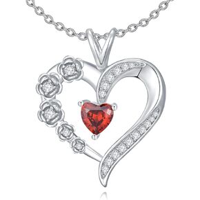 Heart Necklace for Women,925 Sterling Silver Heart and Rose Flower Pendant Necklace with Red Heart Cubic Zirconia for Mother Wife Girlfriend Birthday Valentine's Day Jewelry