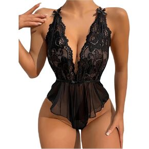 OYOANGLE Women's Deep V Neck Lace Nightgowns Backless Mesh Sheer Bodysuit Lingerie Nightwear