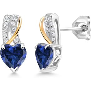 Gem Stone King 925 Sterling Silver and 10K Yellow Gold Blue Created Sapphire and White Lab Grown Diamond Heart Shape Earrings For Women (1.69 Cttw, Gemstone September Birthstone, Heart Shape 6MM)
