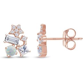 AFFY Round Simulated Opal & Multi Shape White Cubic Zirconia Stud Earrings For Women In 14K Gold Over Sterling Silver With Push Back Jewelry For Women
